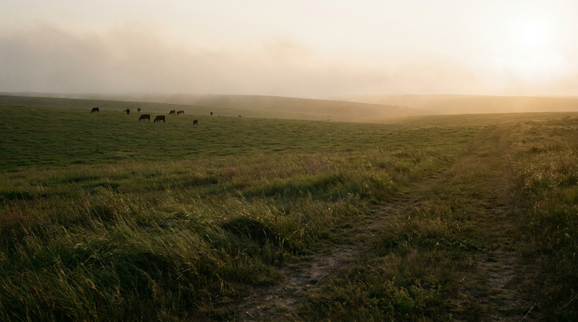 Lush green hills under a golden sky, with a small herd of cattle grazing peacefully in the background of a regenerative farm.