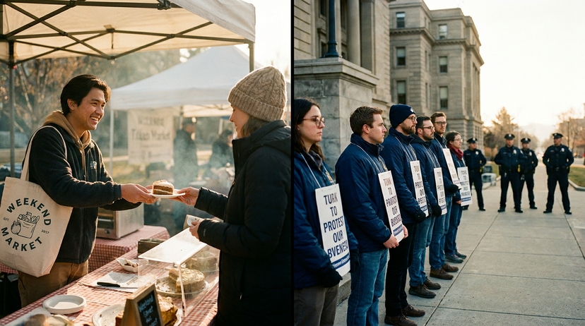 A comparison image showing two animal rights tactics: gentle vegan outreach on the left and a non-violent direct action protest on the right.