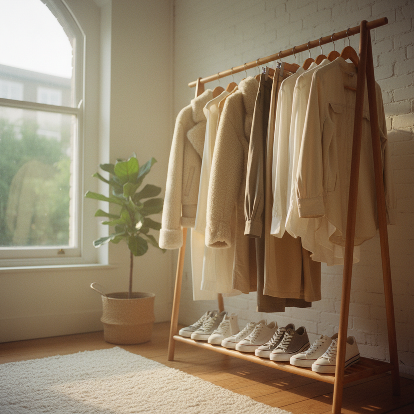 vegan capsule wardrobe with cruelty-free clothing in a minimalist UK home