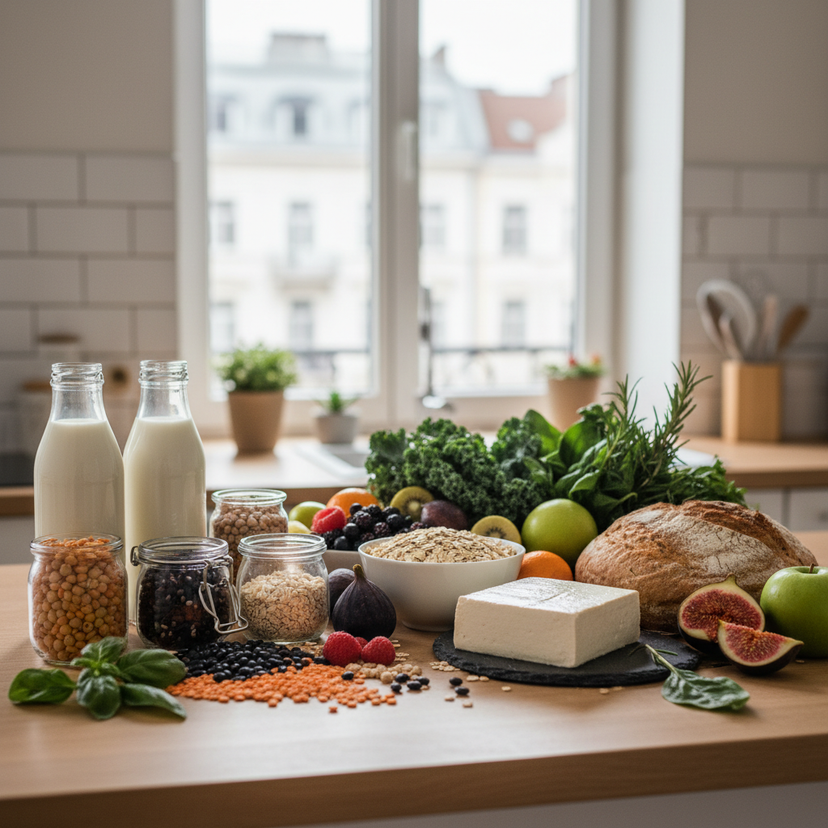 Diverse range of plant-based dairy products, including milk, yogurt, and cheese, set against a natural backdrop