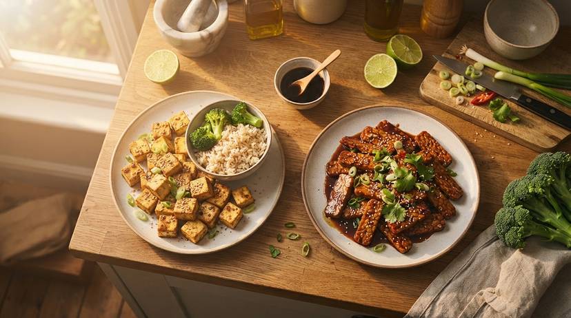 Tofu vs tempeh plates for vegan protein comparison in a UK home kitchen